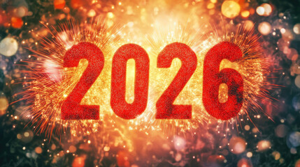High - Res Product Photo, Fireworks in "2026" Shape, Red - Orange Bloom, Bokeh, for Festive New Year