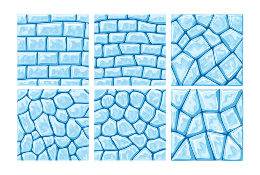 Set of ice wall collection, blue ice brick seamless pattern cartoon square, Cartoon game texture, ice surface seamless pattern. Game asset walls and environment background, perfect for social media.