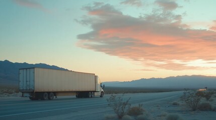 Fototapeta premium Semi-truck driving on a desert highway at sunset.