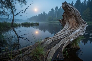 Enchanted Forest Reflection: Long Exposure Photography of Aged Wood, Magical Nature