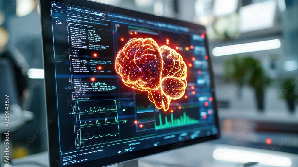 Aufkleber glowing orange brain graphic on computer screen with code