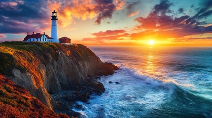A vibrant sunset over a lighthouse on a cliff by the ocean, showcasing natural beauty.