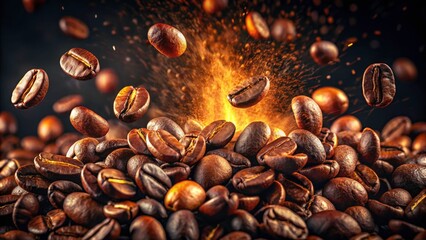 Obraz premium Coffee Bean Explosion Portrait Photography: Aromatic Burst of Roasted Coffee Beans