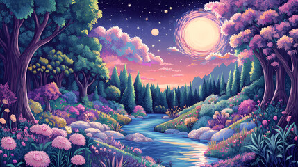Serene garden of eden with adam and eve by a river. Celestial Gardens. Illustration