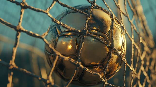 Golden Soccer Ball in Net at Sunset.