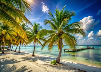 Obraz premium Candid Beach Scene: Palms & Turquoise Waters, Caye Caulker, Belize