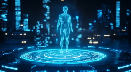 Futuristic holographic human standing on a digital platform in a city