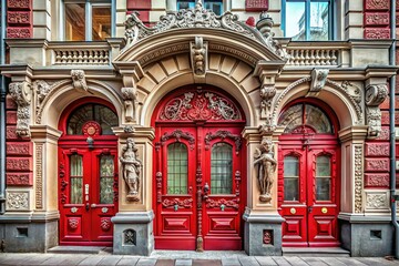 Fototapeta premium Elegant Red Art Nouveau Entrance Doors, Riga's Historic District - Stock Photo