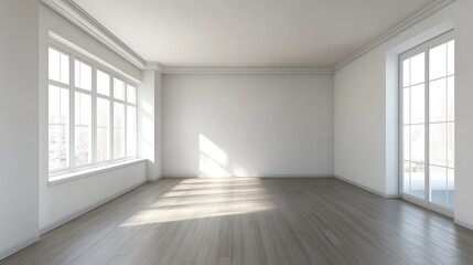 Fototapeta premium Bright and Spacious Empty Room with Large Windows Illuminated by Natural Light : Generative AI