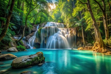Erawan Waterfall, Kanchanaburi: Long Exposure of Turquoise Water cascading through Lush Jungle