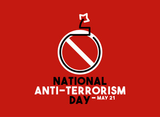 National Anti-Terrorism Day. May 21. Bomb line icon. Forbidden sign. Red background. Poster, banner, card, background.