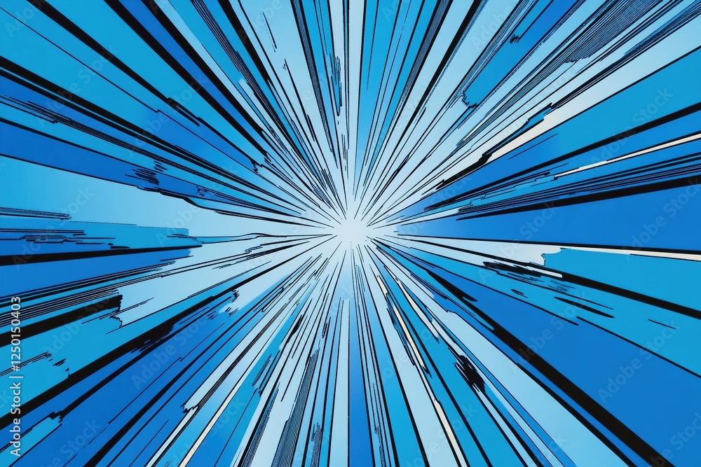 Poster dynamic burst of blue lines radiating from center, creating an e