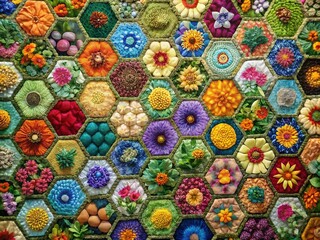 Grandmother's Flower Garden Quilt: Hands Sewing Hexagon Fabric Pieces - Documentary Style Photography