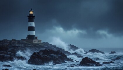 Obraz premium Majestic Lighthouse Overlooking Stormy Seas on Rocky Coastline