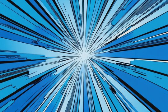Dynamic burst of blue lines radiating from center, creating an e