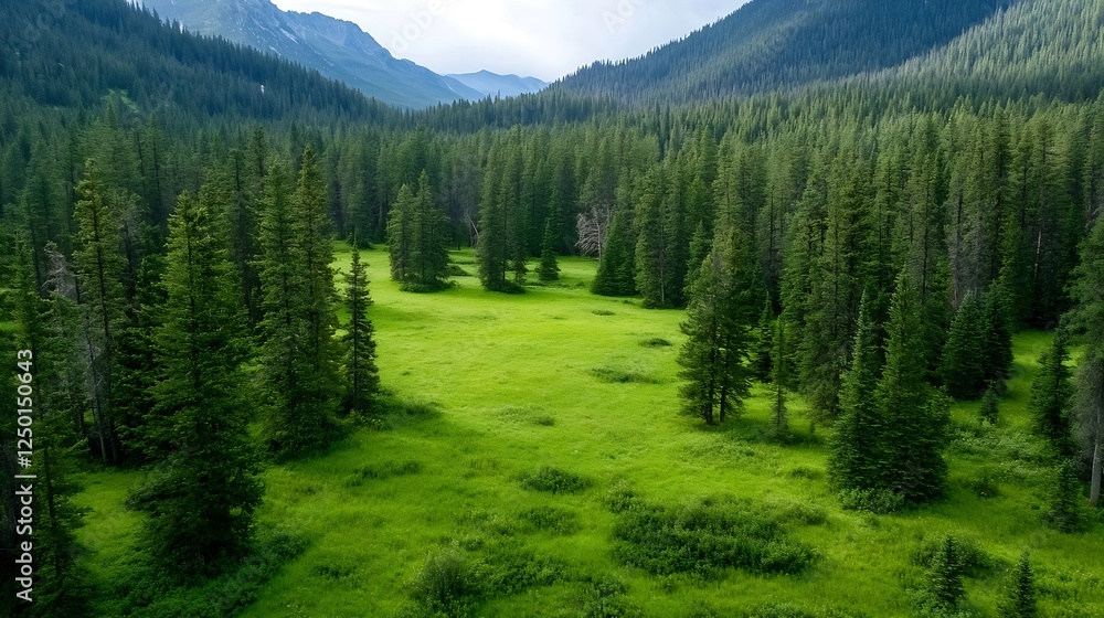 Poster Scenic view of lush green meadow surrounded by tall pine trees in the mountains : Generative AI