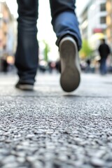Fototapeta premium Person walking on a busy urban street with focus on feet and pavement texture : Generative AI