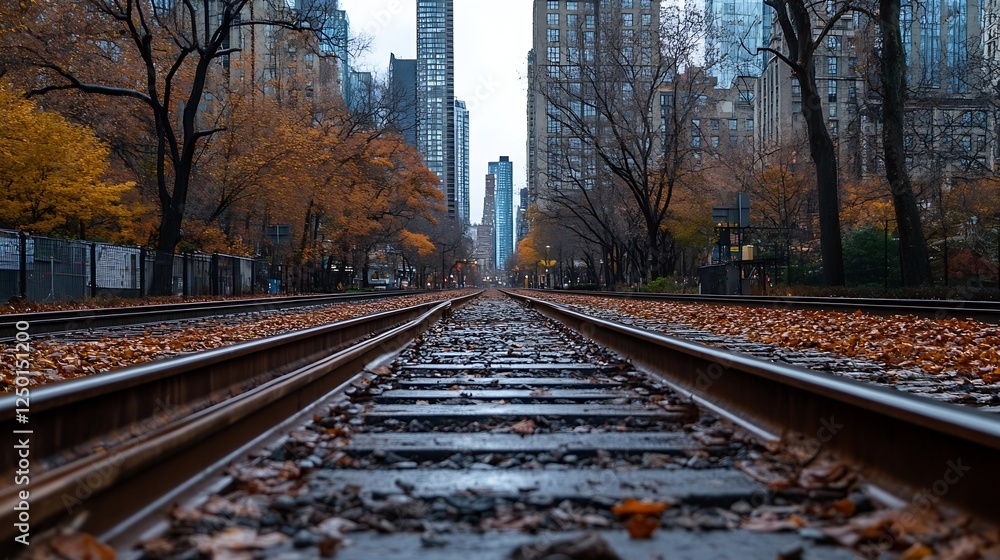 Poster Scenic view of railroad tracks surrounded by colorful autumn foliage in an urban setting : Generative AI