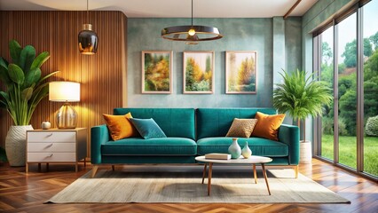 Midcentury Modern Teal Velvet Sofa Minimalist Living Room Double Exposure Stock Photo