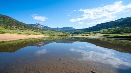 Breathtaking view of a serene mountain landscape with a tranquil lake reflecting clouds and sky : Generative AI