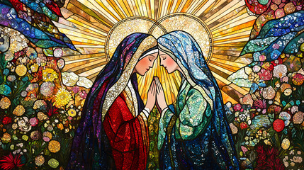 stained glass mary elizabeth embracing