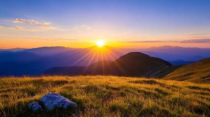 Stunning Sunrise Over Mountain Landscape Illuminating Gentle Grass Fields : Generative AI