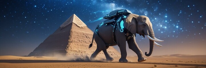 Title: "Ancient Meets Future: The Robotic Guide"

Description: Under the golden glow of the pyramids, a futuristic robot leads a majestic African elephant through the sands of time. A breathtaking fus