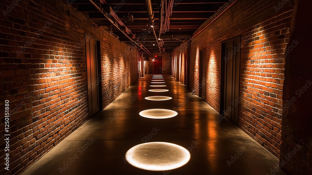 Wall mural Dark brick hallway with illuminated floor circles and doors.