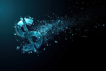 Shattering Glass Dollar Sign with Particles on Dark Background for Financial Concept