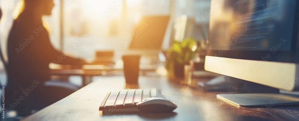 Aufkleber sunlit office workspace with keyboard, mouse, and blurred person working at computer.