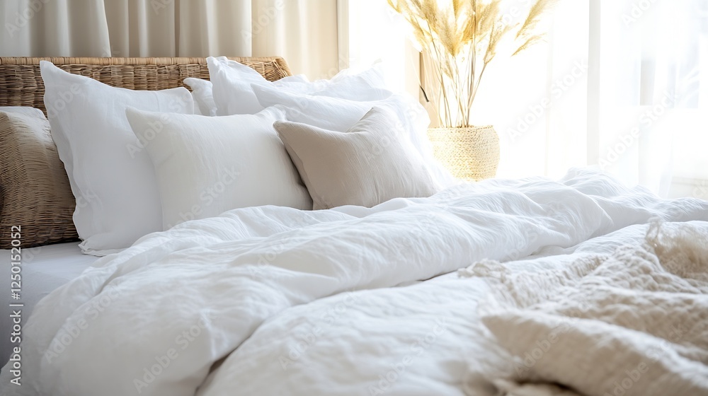 Poster cozy and inviting bedroom with plush pillows and soft textiles near natural light : generative ai