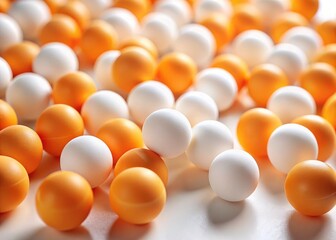 Tiny ping pong balls, viewed from above, appear miniature due to tilt-shift photography, isolated on white.