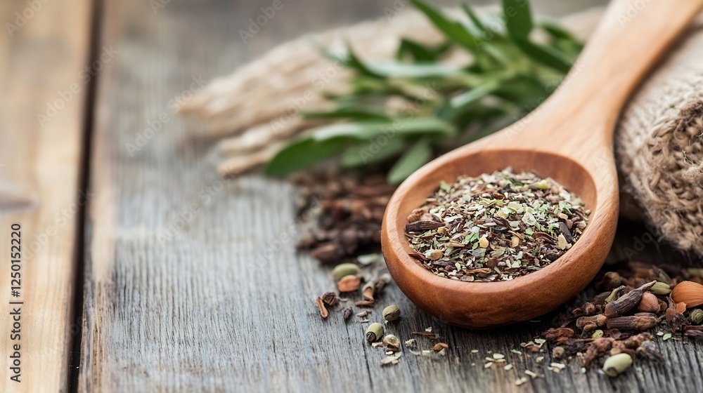 Aufkleber natural spices and herbs displayed in rustic wooden spoon and cloth background : generative ai