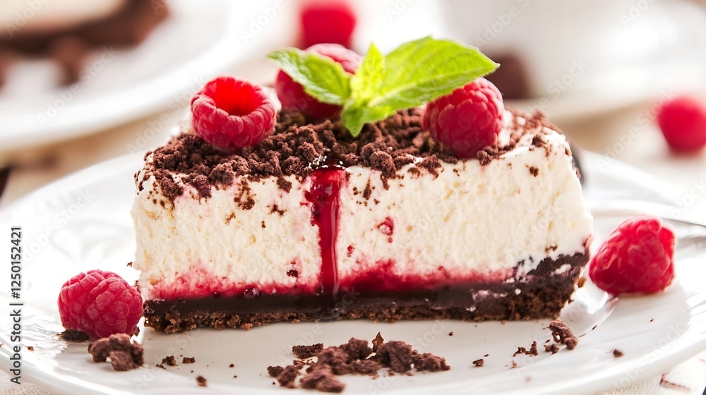 Poster Decadent Raspberry Cheesecake Slice with Garnish on a Plate : Generative AI