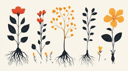 Botanical Illustrations: A Collection of  Five Unique Plant Life Stages with Roots
