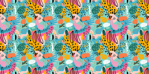 Cartoon hand-drawn doodles on the subject of summer holidays theme seamless pattern