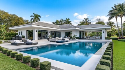 Fototapeta premium Modern luxury home with a large pool, patio furniture, and lush landscaping.