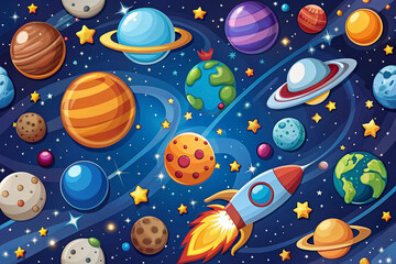 Cartoon rocket soaring past planets, stars, galaxies.  Educational, children's book
