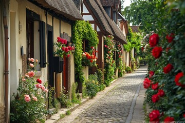 Obraz premium Cobblestone street lined with charming thatched-roof houses and vibrant rose bushes in full bloom.