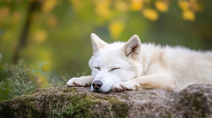 Obraz premium Sleeping White Dog on a Rock Surrounded by Lush Green Nature in a Calm Setting : Generative AI
