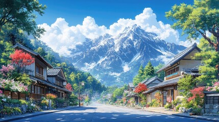 Fototapeta premium A vibrant coastal street scene featuring traditional Japanese-style houses with wooden facades and tiled roofs,