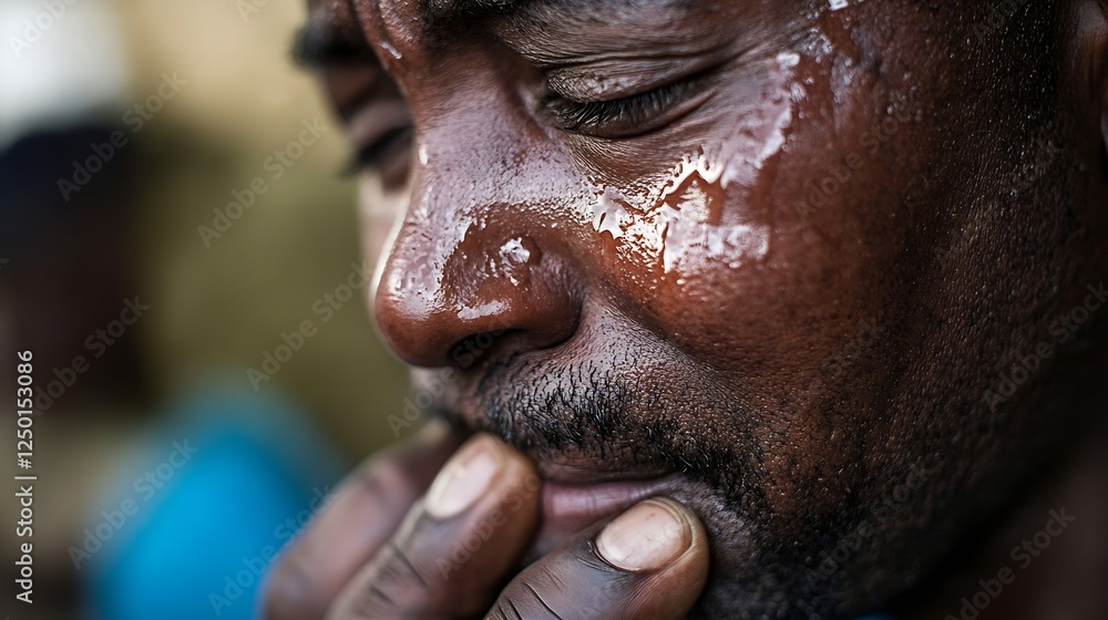 Poster Close-up of a man deep in emotional thought with visible tears on his face : Generative AI