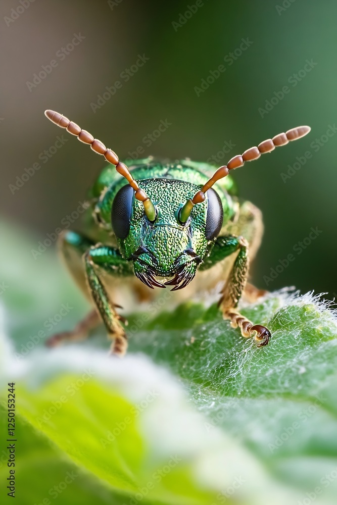 Poster close up of a vibrant green beetle with fascinating details on leaf surface : generative ai