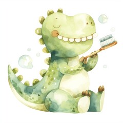 A cheerful dinosaur happily brushes its teeth, surrounded by colorful bubbles, promoting dental hygiene in a fun and playful way.