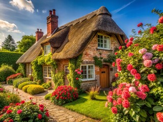 Charming English Village Cottage House, Idyllic Rural Scene, Picturesque Home Exterior