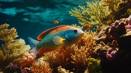 Naklejka premium Colorful Parrotfish Grazing on Vibrant Coral Reef in Underwater Environment