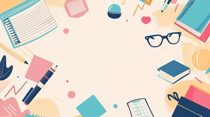 Colorful Back to School Supplies Flat Lay Illustration