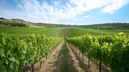 Obraz premium Scenic Vineyard Landscape Under Blue Sky and Fluffy Clouds : Generative AI