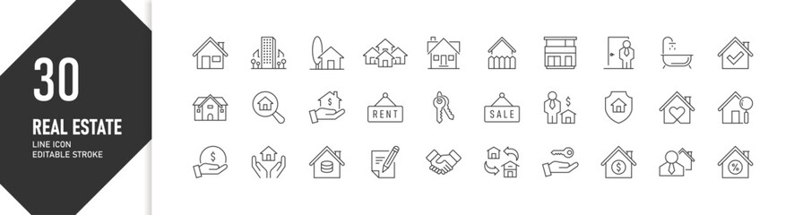 30 Real Estate Line Icons with Editable Stroke for Property Management and Marketing, Icon Set for Housing Services