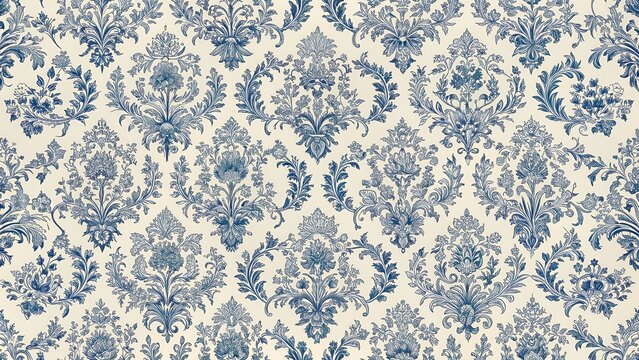 French Toile-inspired Blue Pattern on Light Beige Background Seamless Texture, decorative